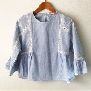 Zara Seersucker Blouse with White Embroidery